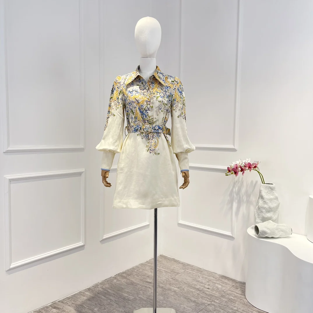 

2023 New Arrival Vintage Floral Print Long Lantern Sleeve Waist Belt Mini Dress for Fashion Lady