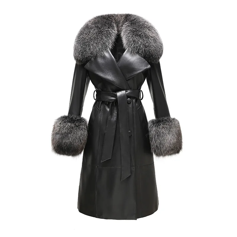 Women Genuine Sheepskin Leather Coat 2022 Winter Fox Fur Collar Cuff Luxury Windproof Belt Overcoat Long Trench Coats GT5078B