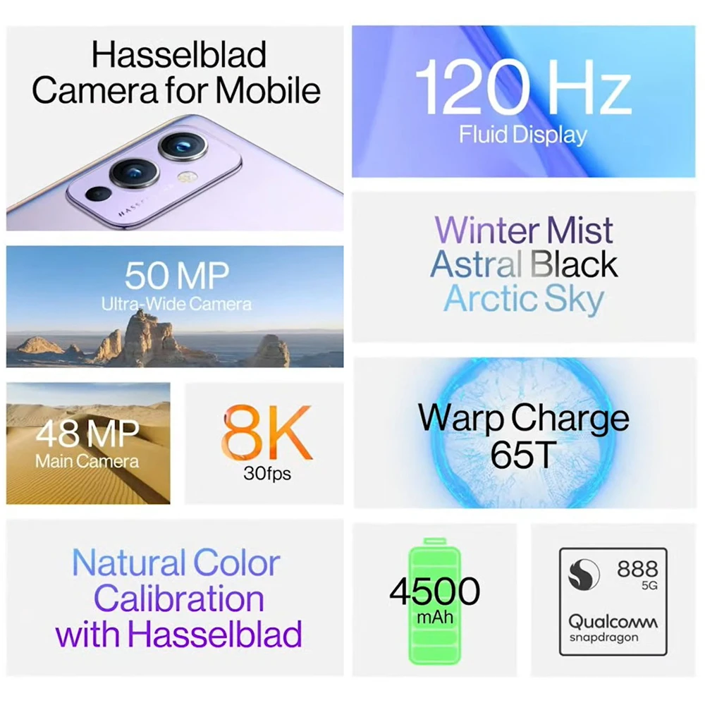 Tanie Globalna Wersja OnePlus 9 5G Snapdragon 888 8GB 128GB Smartphone 6.5 ''120Hz Płynny Wyświetlacz AMOLED Warp 65T OnePlus Oficjalny Sklep
