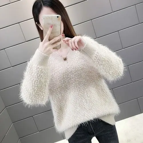 

Beige New Flocking Furry Plush Winnter Pullover V-Collar Warm Sweater Women's Sweaters Women Girl Pull Slim Top Outer Coat Cloth