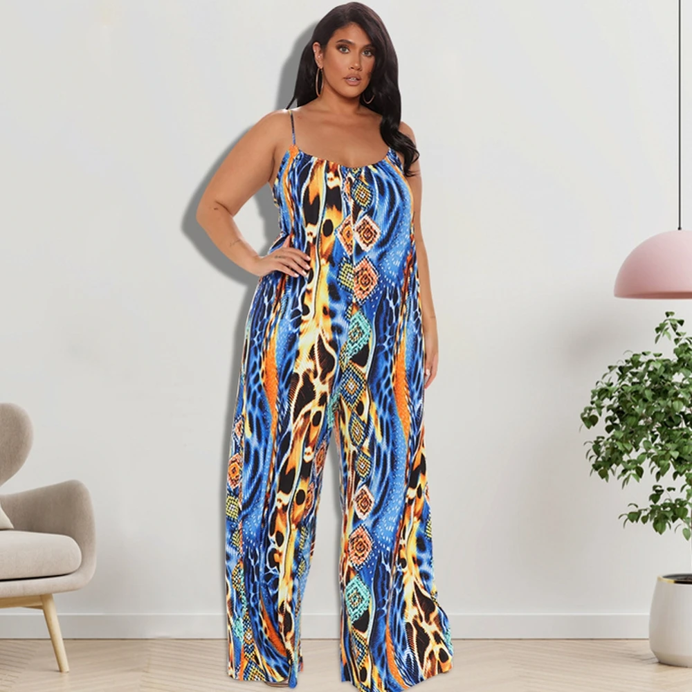 

Africa Clothing Women Summer Jumpsuit 2022 Printed Sexy Spaghetti Strap Backless Office Lady New Style Wide Leg Pants Playsuits