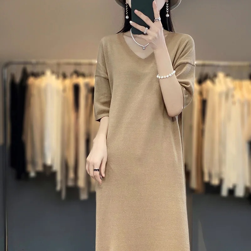 

Brand Casual Comfort 100% Cotton Women's Dress Sweater Solid Color Knitted Summer New Pullover Women's Dress Long Cotta