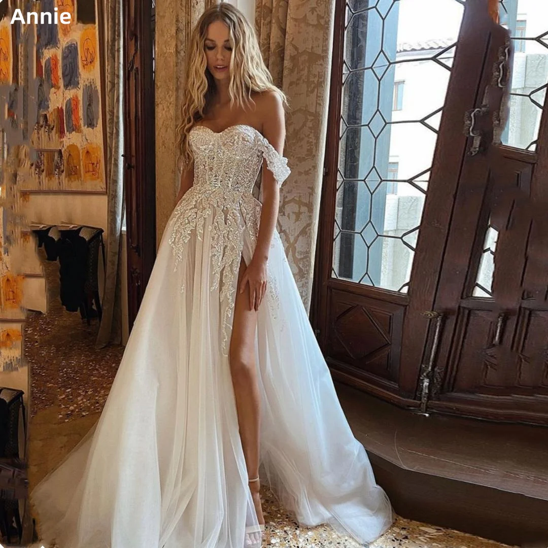 

Annie Tulle Printed Lace Off Shoulder Slit Birthday Prom Wedding Evening Dressفستان سهرة نسائي