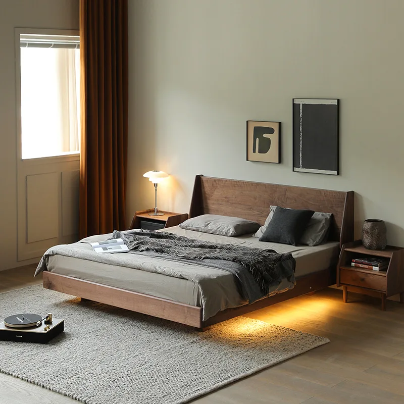 

Nordic cherry wood Japanese style minimalist double king bed raw wood North American black walnut wood