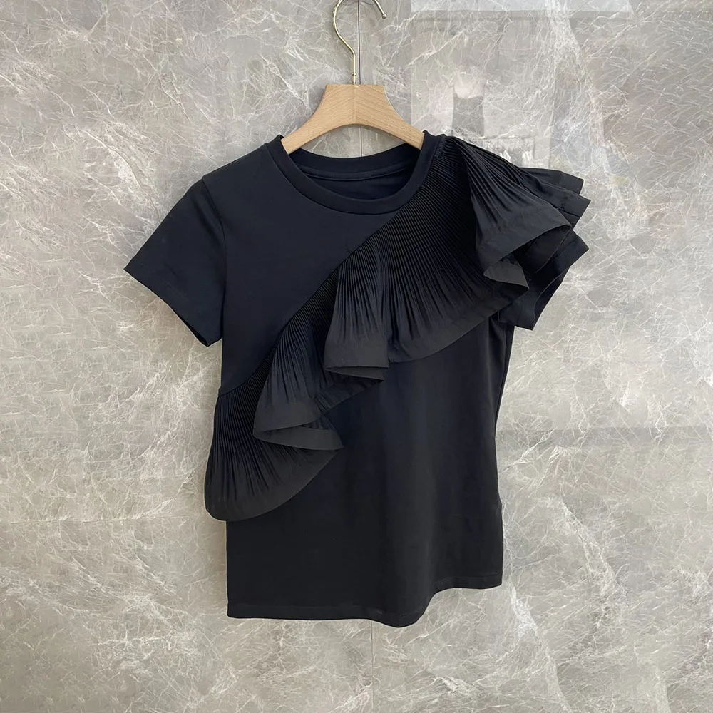 

Black T Shirt Women 2022 Clothing Minimalist Japan Korean Style Pullover Pleated Ruffle Tops Female Summer Top Tee Casual Tshirt