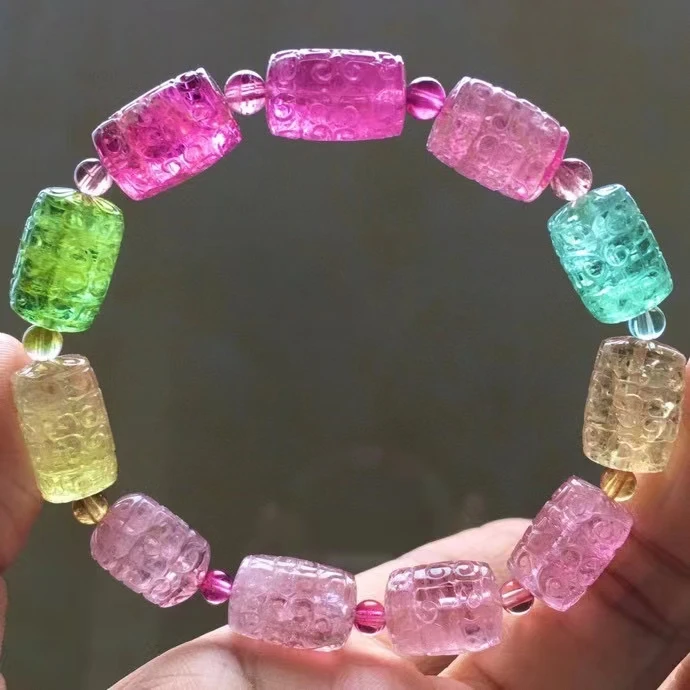 

Natural Watermelon Tourmaline Crystal Carved Clear Barrel Beads Bracelet 10*13mm Red Green Tourmaline Women Jewelry AAAAAAA