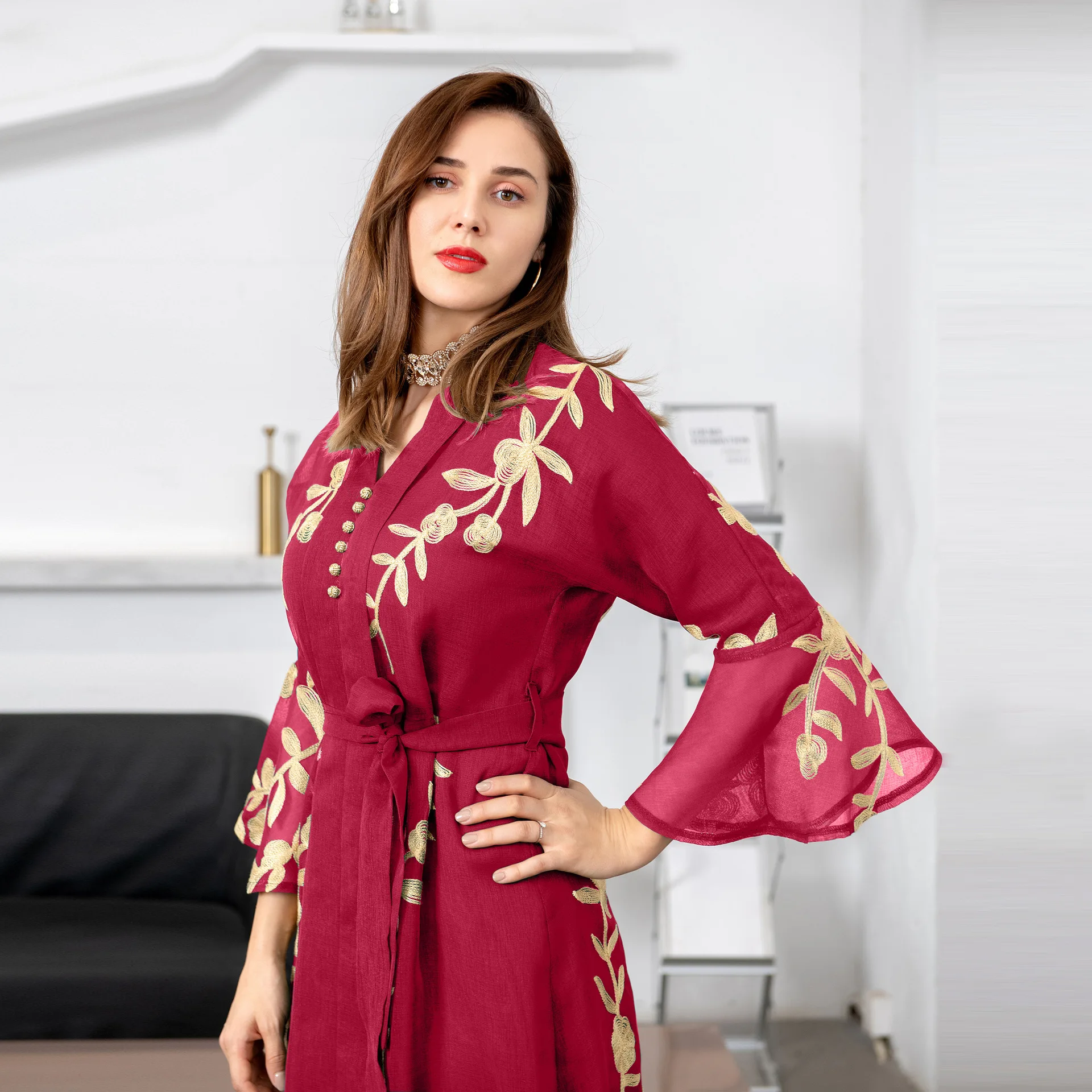 Women's Autumn Sundress Fashoin Muslim Ruffle Dress 2023 Casual Patchwork Puff Sleeve Maxi Vestidos Female Button Robe