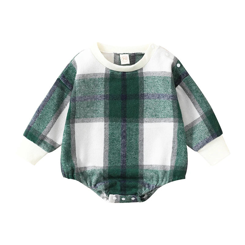 

Baby Girl Boy Plaid Flannel Sweatshirt Romper Oversized Crewneck Long Sleeve Bodysuit Fall Winter Outfit