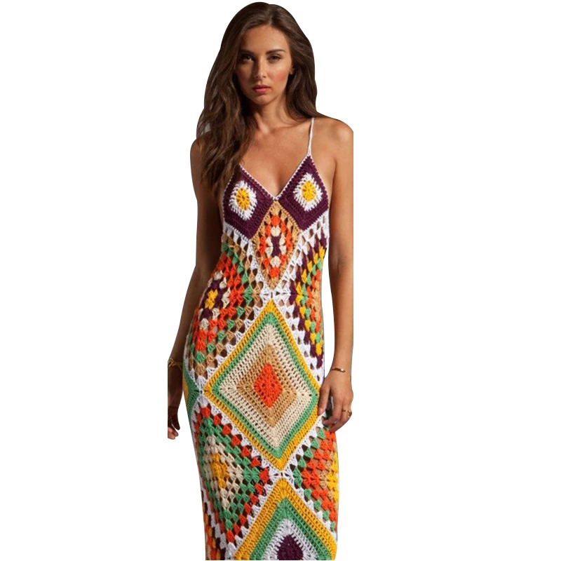 Crochet Maxi Dress Cover Up Women Cross Backless Sundress Summer New Print Knitted Beachwear Bohemian Swimwear Cover Ups Vestido