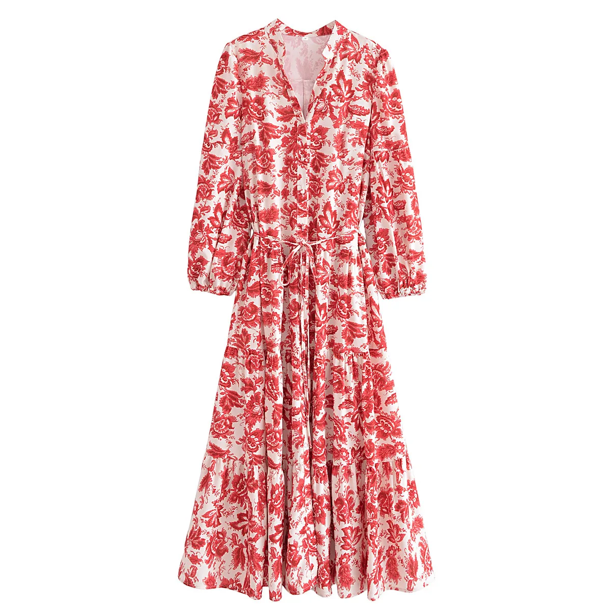 

2022 Autumn New Women's Dresses, Fashionable Print Lace Up Puff Long Sleeves Loose Long Dress