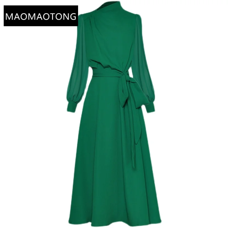 

Casual Dresses For Women 2022 Luxury Designer Elegant Runway Stand Collar Lantern Sleeve Vintage Lace Up Solid OL Green Dress
