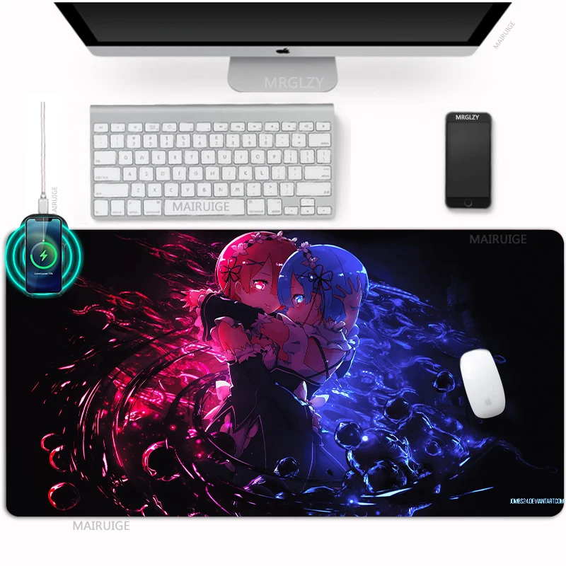 

Kawaii Rem Ram Large Mouse Pad Wireless Charger Mousepad XXL Gaming Accessories Mat Re: Zero Desk Mats Charge Mats Anime Carpets