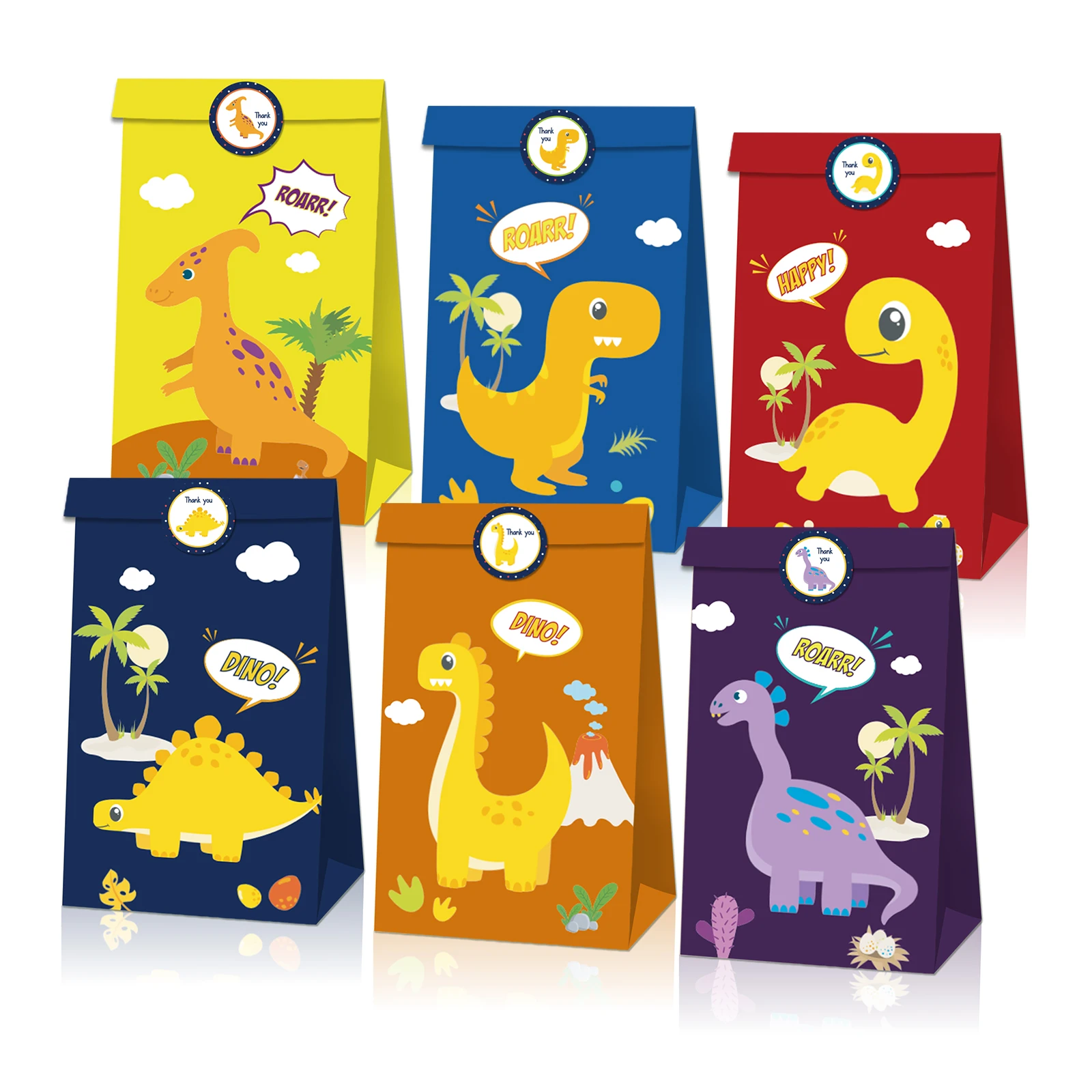 

LB093 12Pcs Jungle Animals Roar Dinosaur Wild ONE Birthday Party Cookies Kraft Paper Gift Bags with Stickers Baby Shower Party