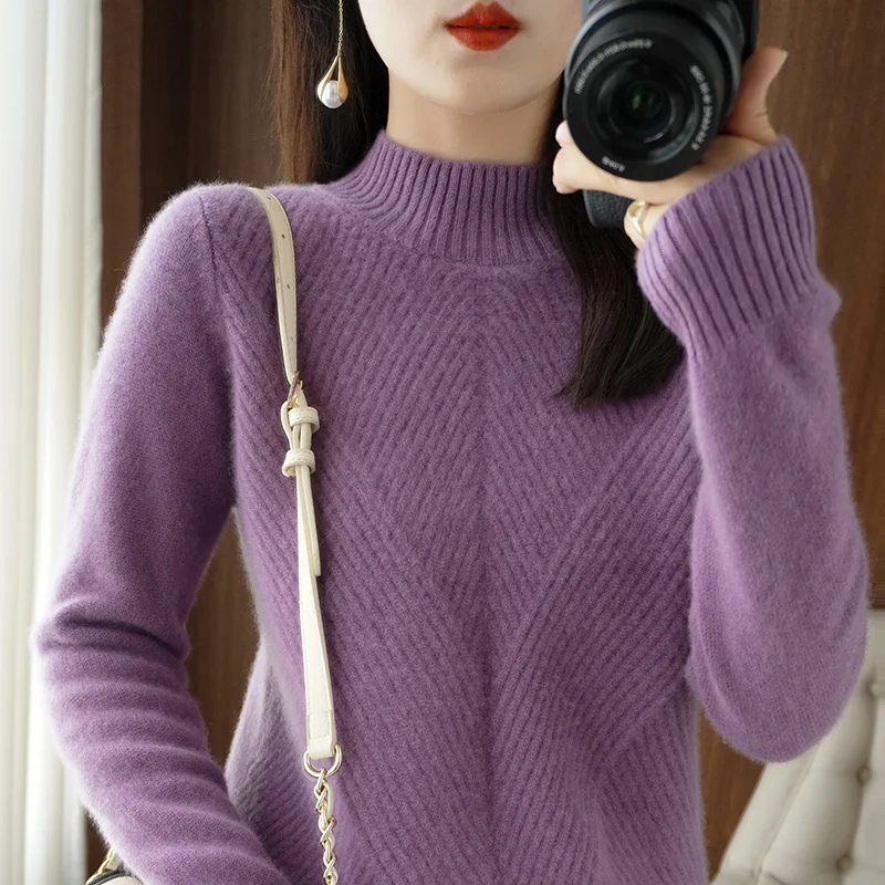 Sweater women's autumn winter semi-high neck thick cashmere sweater women's 100% pure cashmere loose large size knit legging enlarge