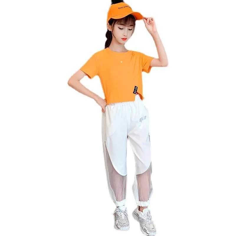 

Girls Loose Casual Set Summer Crewneck T-shirt Top + Elastic Waist Reflective Design Pant 2pcs Fashion Children's Clothing 4-12Y