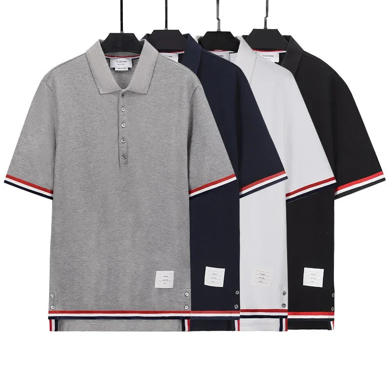 

Brand Tb Browin Tide Half-sleeve Four-bar Men's Striped Thom Cotton Summer Polo Lapel Short-sleeved T-shirt Luxury Casual Trend