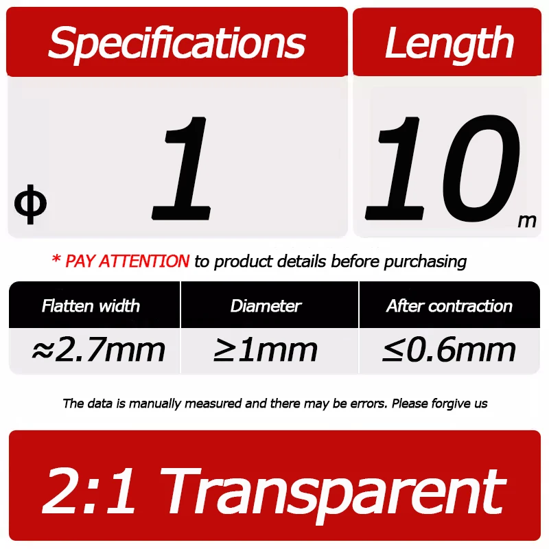 10 метров/лот термоусадочная трубка 2:1, прозрачная прозрачная трубка, термоусадочная пленка, кабельная муфта 1–60 мм, провод