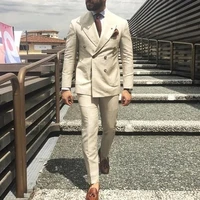 Ivory Beach Mens Suits Slim Fit Linen Double Breasted Jacket With Pants 2 Pieces Wedding Blazer For Man Tuxedo Trajes De Hombre