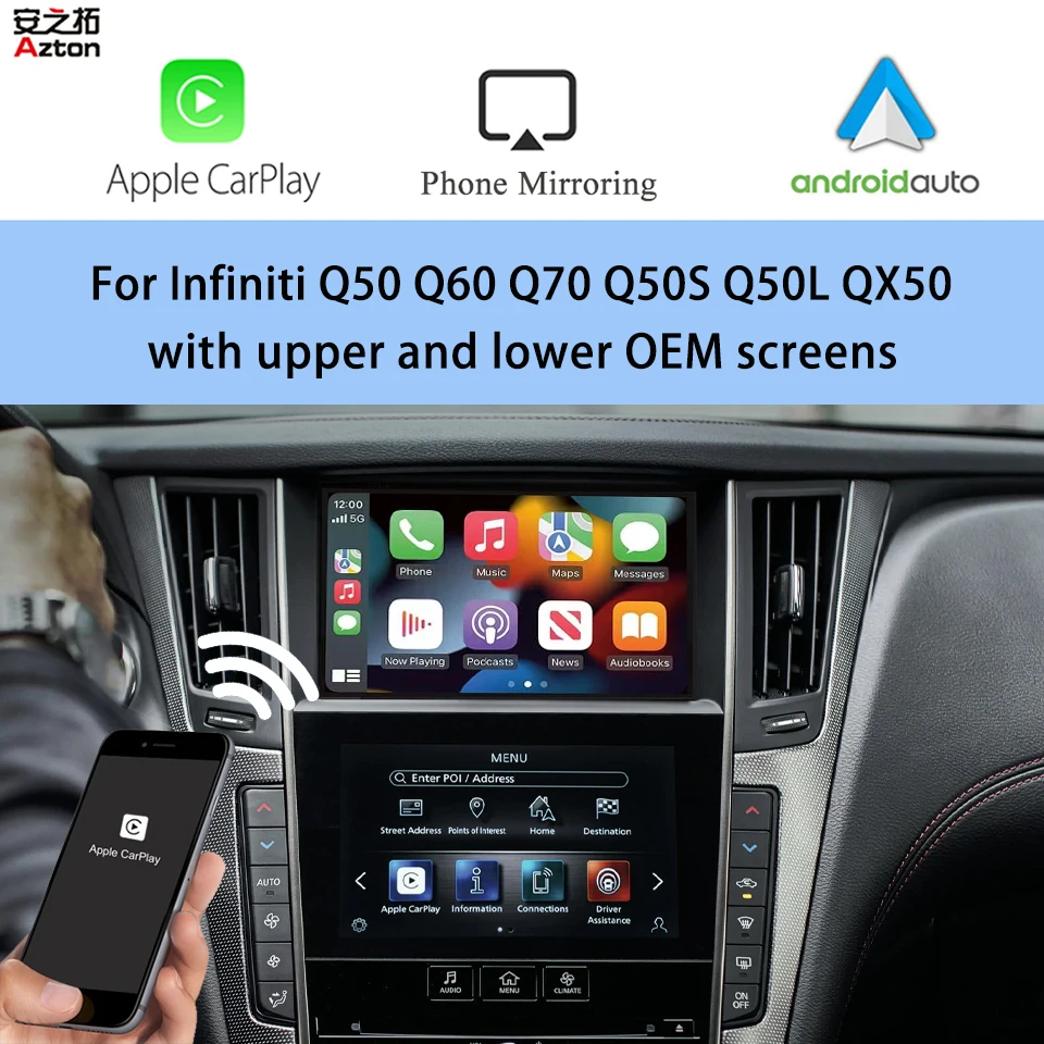 

AZTON Wireless CarPlay Module For Infiniti Q50 Q60 Q70 QX50 Q50L 2015-2019 Dual Screen Apple Car Play Android Auto Phone Mirror