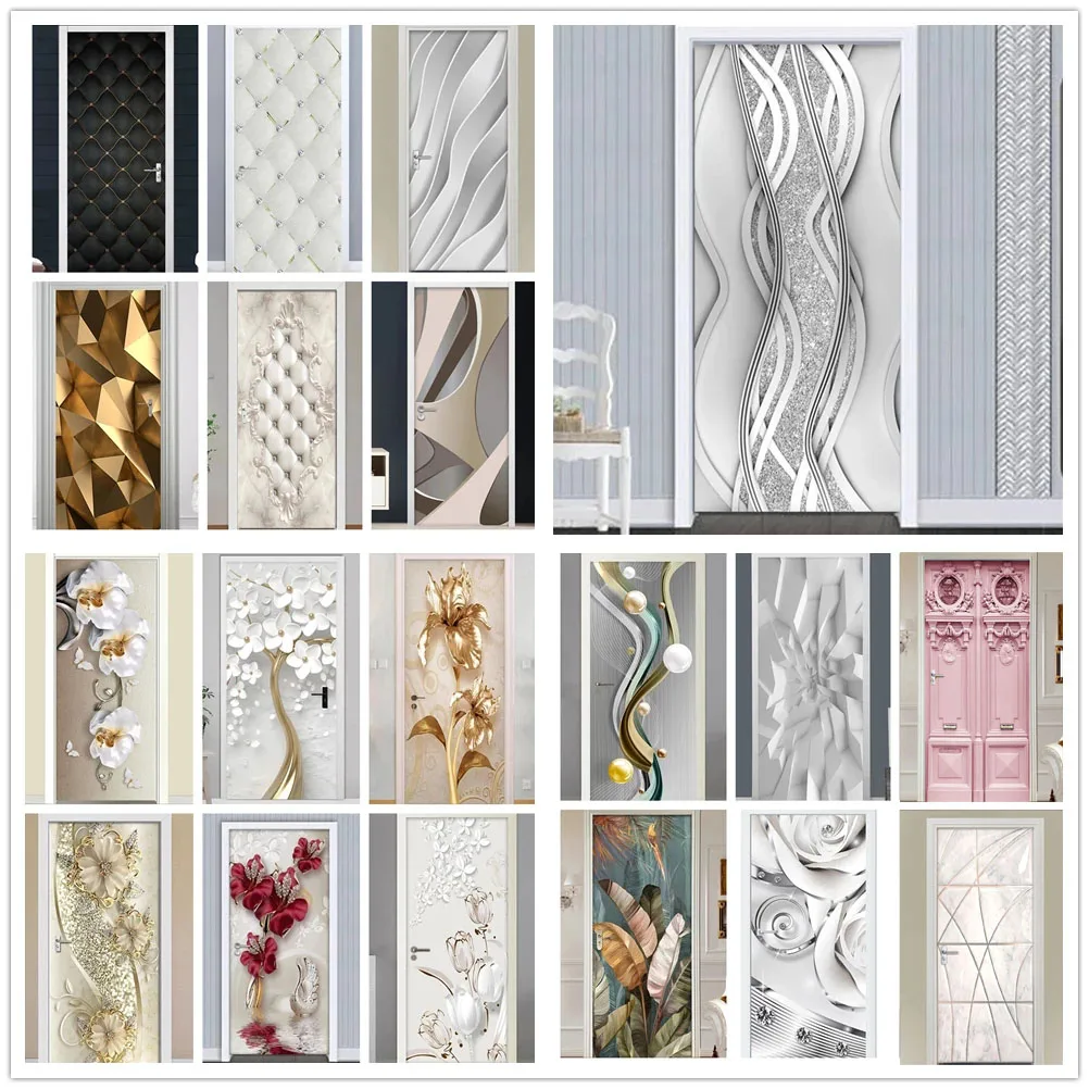 

PVC Door Sticker Modern 3D Abstract Fashion Line Silver Pearl Wallpaper Living Room Art Door Poster Self-Adhesive Mural Stickers