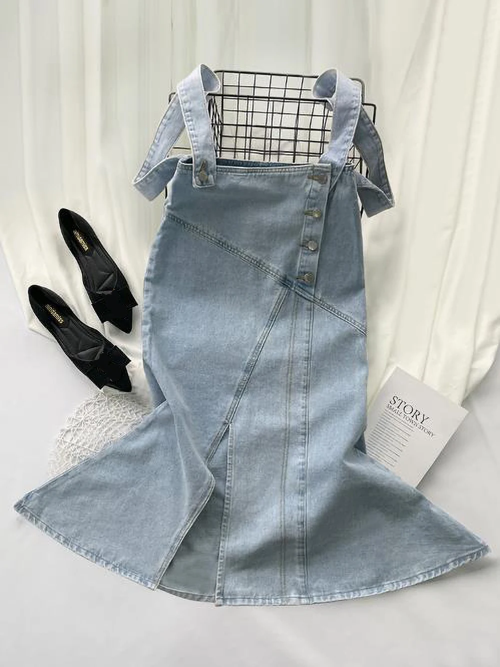 

Mid-length Suspender Skirt For Women High Waist Denim Two-wear 2023 Summer Elegant Fashion Female Split Fishtail Skirts