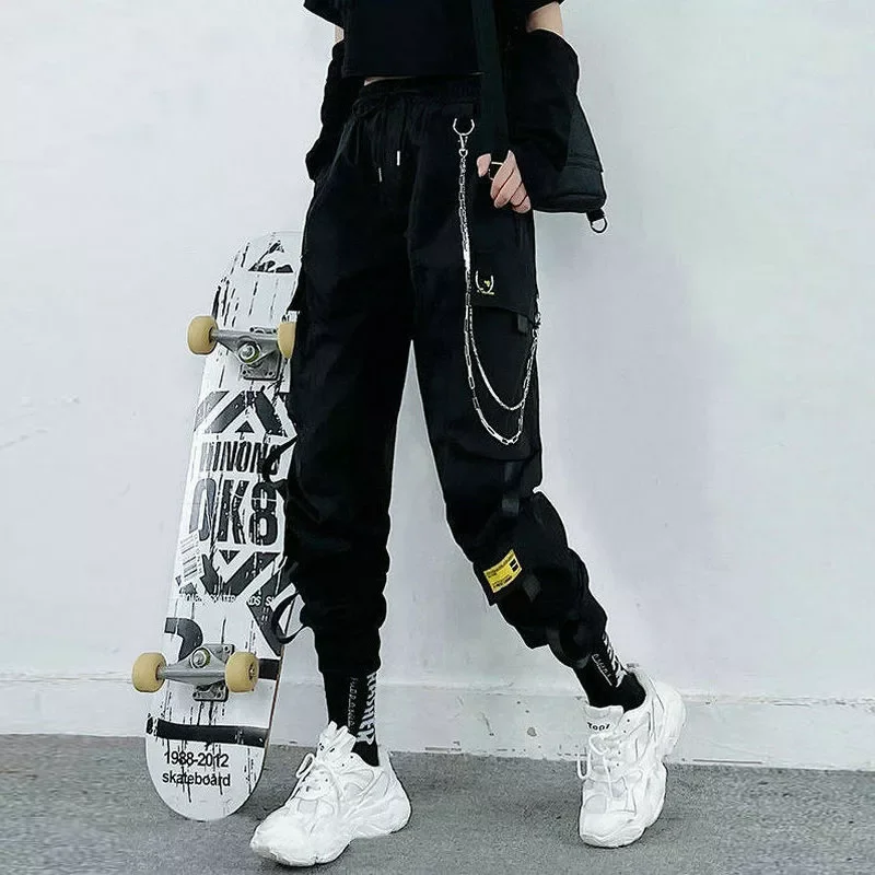 

Cargo pants women High Waist Loose Streetwear pants Baggy Tactical Trouser hip hop high quality black chain joggers pants women