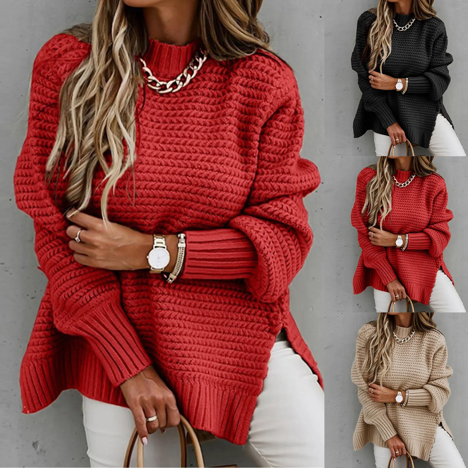 

Winter Women Knitted Sweater Casual Half High Neck Pullovers Fashion Batwing Sleeve Coarse Knit Solid Female Sweaters