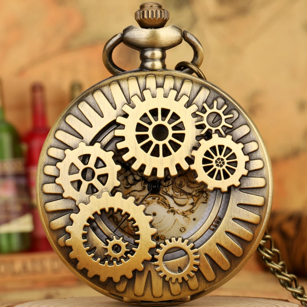 

Bronze Sculptured Gear Hollow Skeleton Windmill Wheel Reel Quartz Pocket Watch Chain Antique Machinery Dial Necklace Gifts Clock
