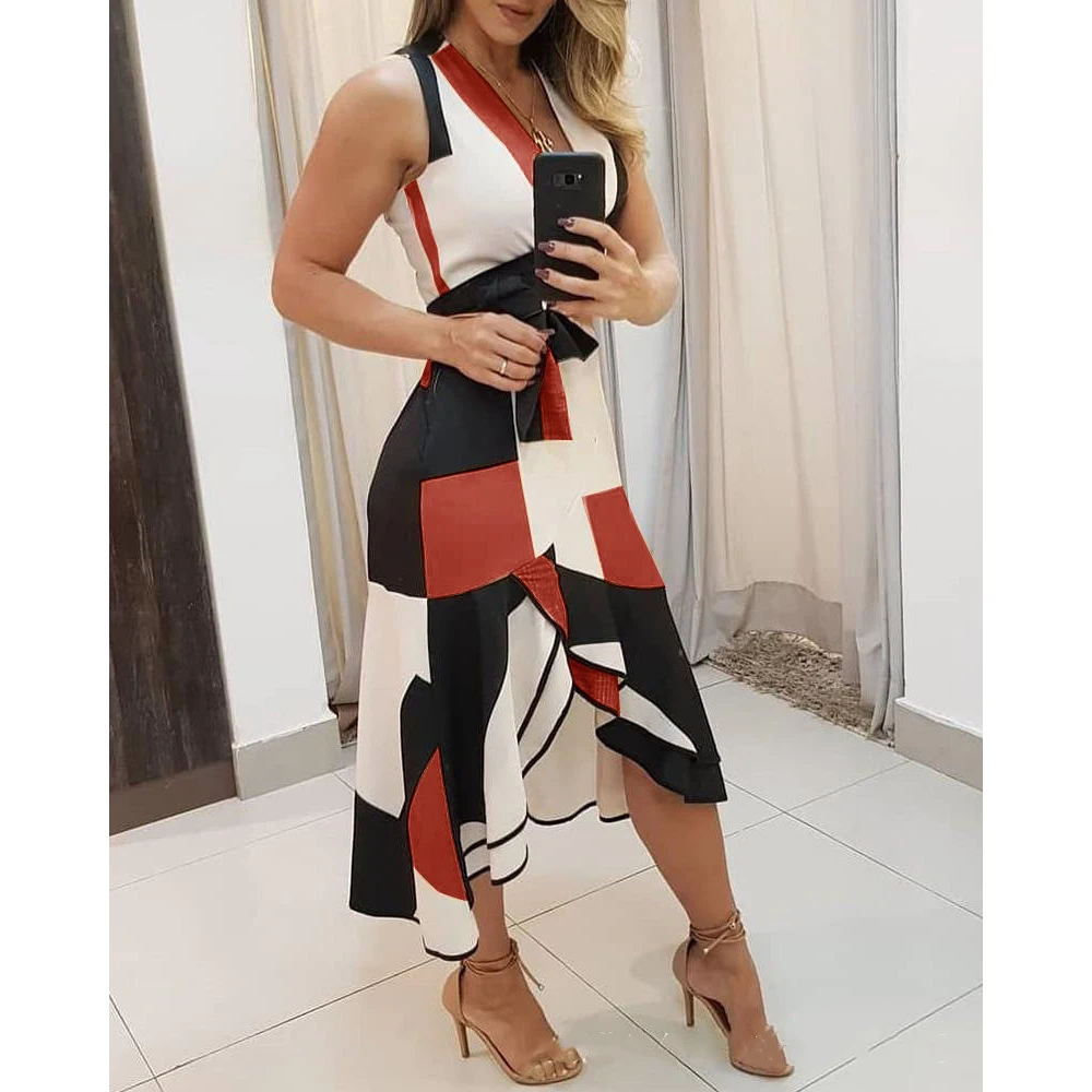

Summer Dress Woman European And American Popular V-neck Sleeveless Contrast Printing Ladies Dress Women 2022 New Arravel