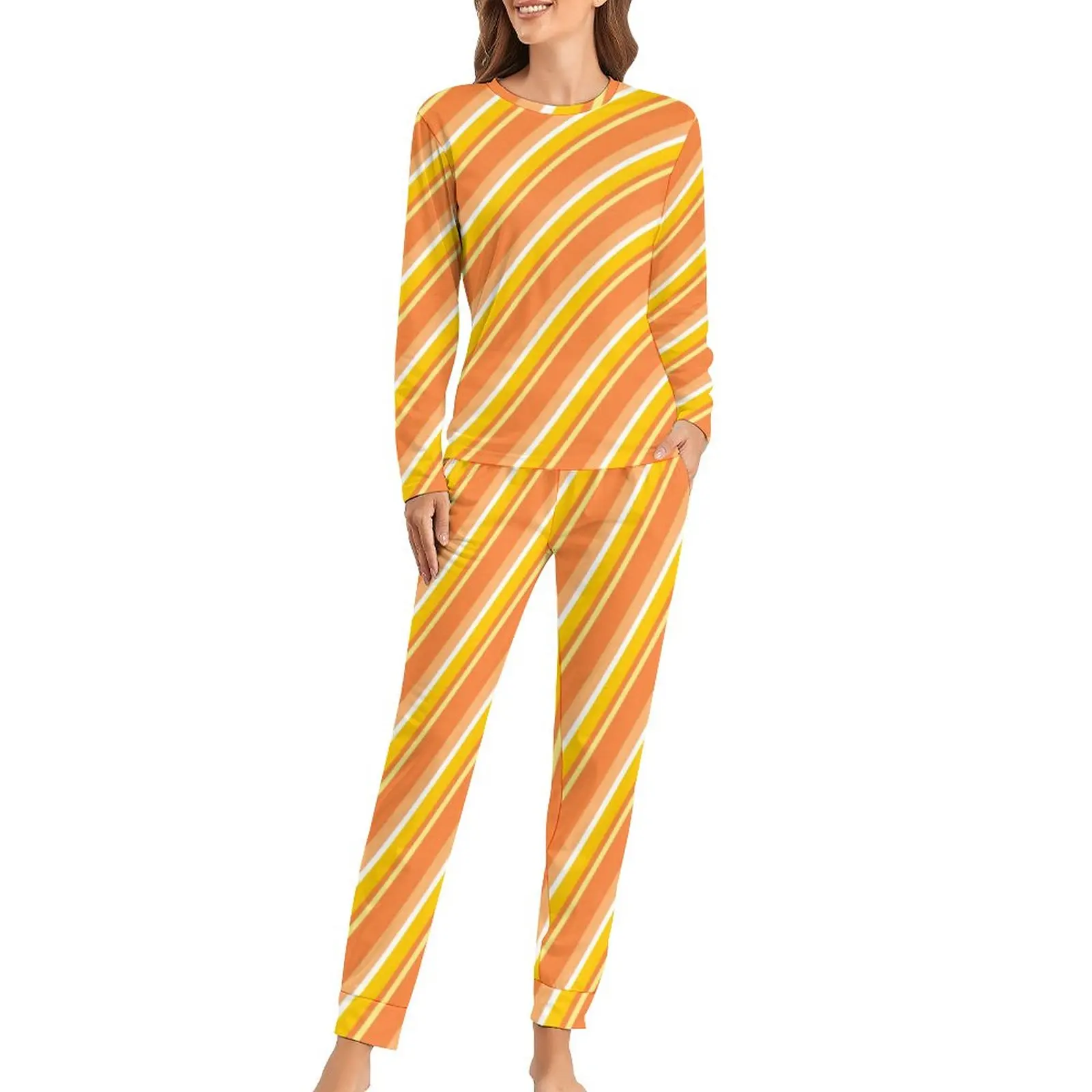 

Orange Line Print Pajamas Diagonal Stripes Night Oversized Nightwear Female Long Sleeve Graphic Elegant Pajama Sets
