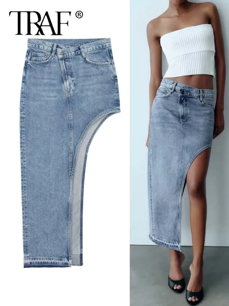 

TRAF 2023 Asymmetric Denim Skirt Woman Blue Midi Jean Skirt Y2k Streetwear Long Skirts For Women Fashion Cut Out Summer Skirts