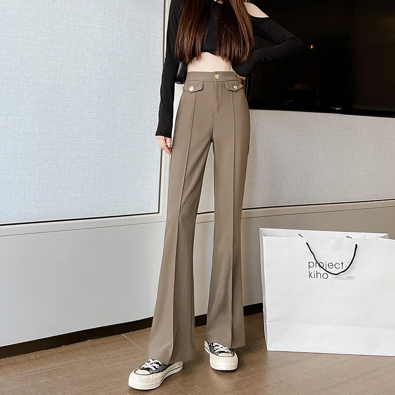 

Summer Women's Pants Solid Color Leisure Button High Waist Micro Horn Korean Fashion Pocket Loose Female Clothing Houthion