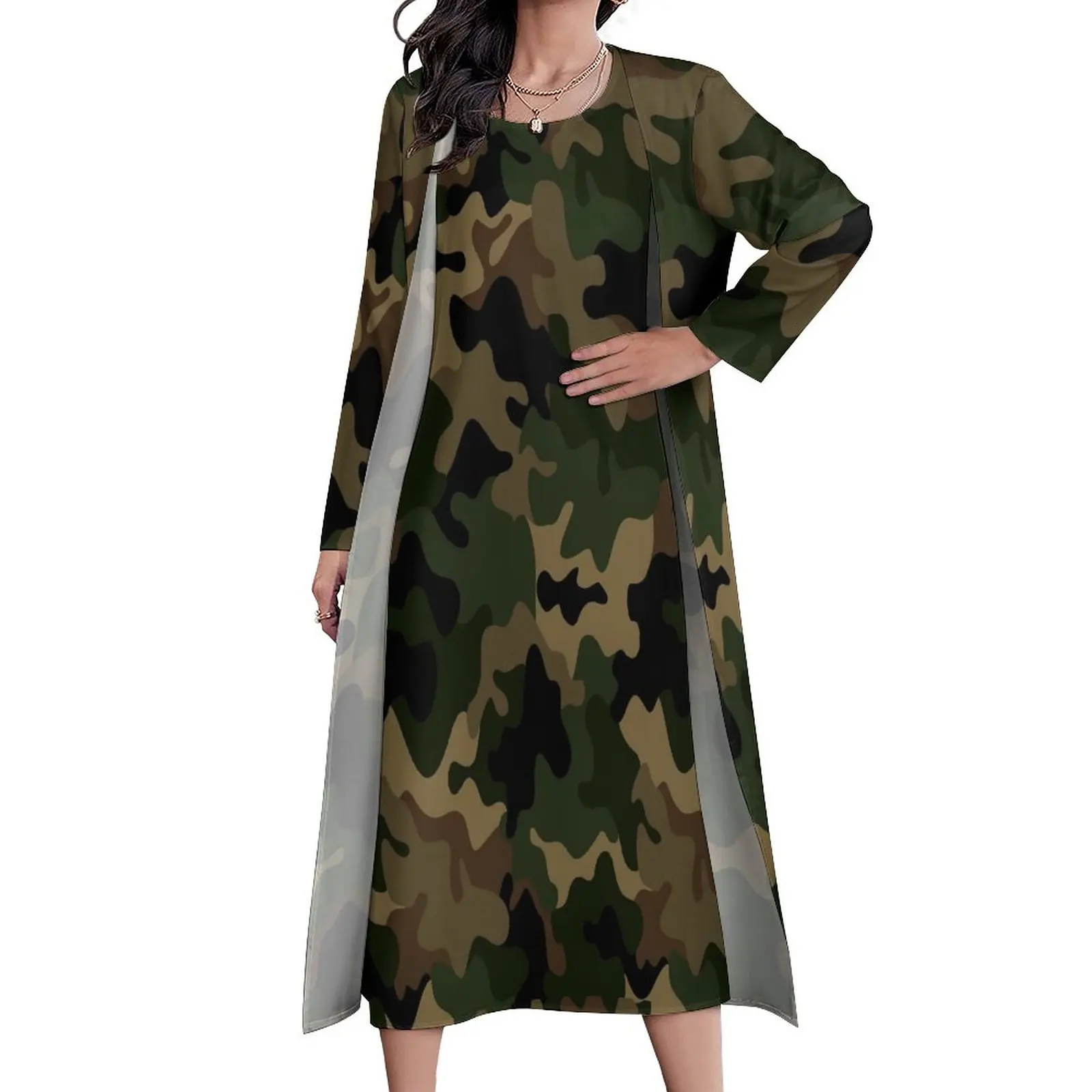 

Зеленое камуфляжное дизайнерское модное платье макси в уличном стиле, длинные пляжные платья в стиле бохо, Осенние дизайнерские платья с длинным рукавом 5XL
