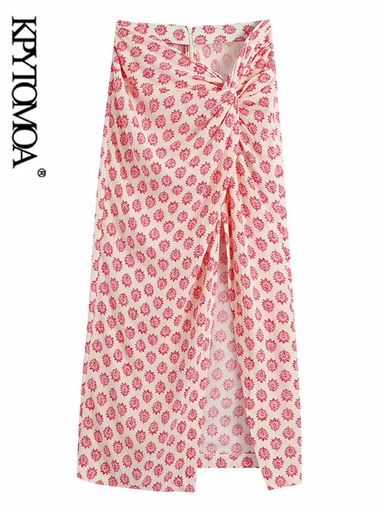 

KPYTOMOA Women Chic Fashion With Knot Front Vents Printed Midi Skirt Vintage High Waist Back Zipper Female Skirts Mujer