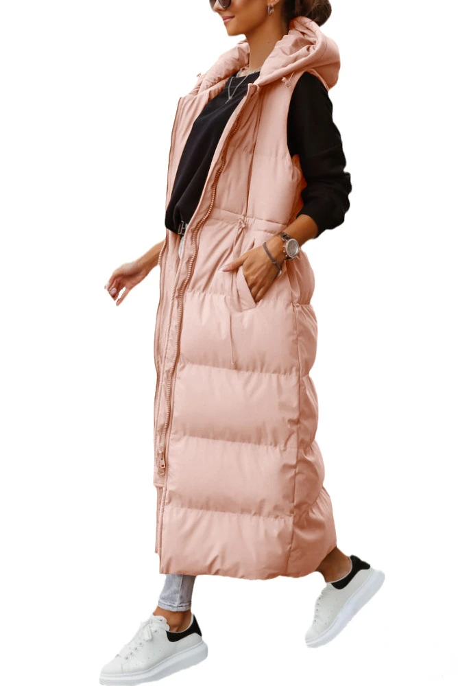 New Hooded Long Cotton Jacket  Waistband Waistcoat Casual Loose Fashion Warm Single Breasted Sleeveless Coat Women