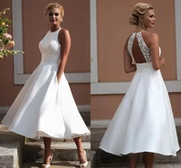 simple satin short wedding dress backless lace a line knee length bridal gown vestido de noiva