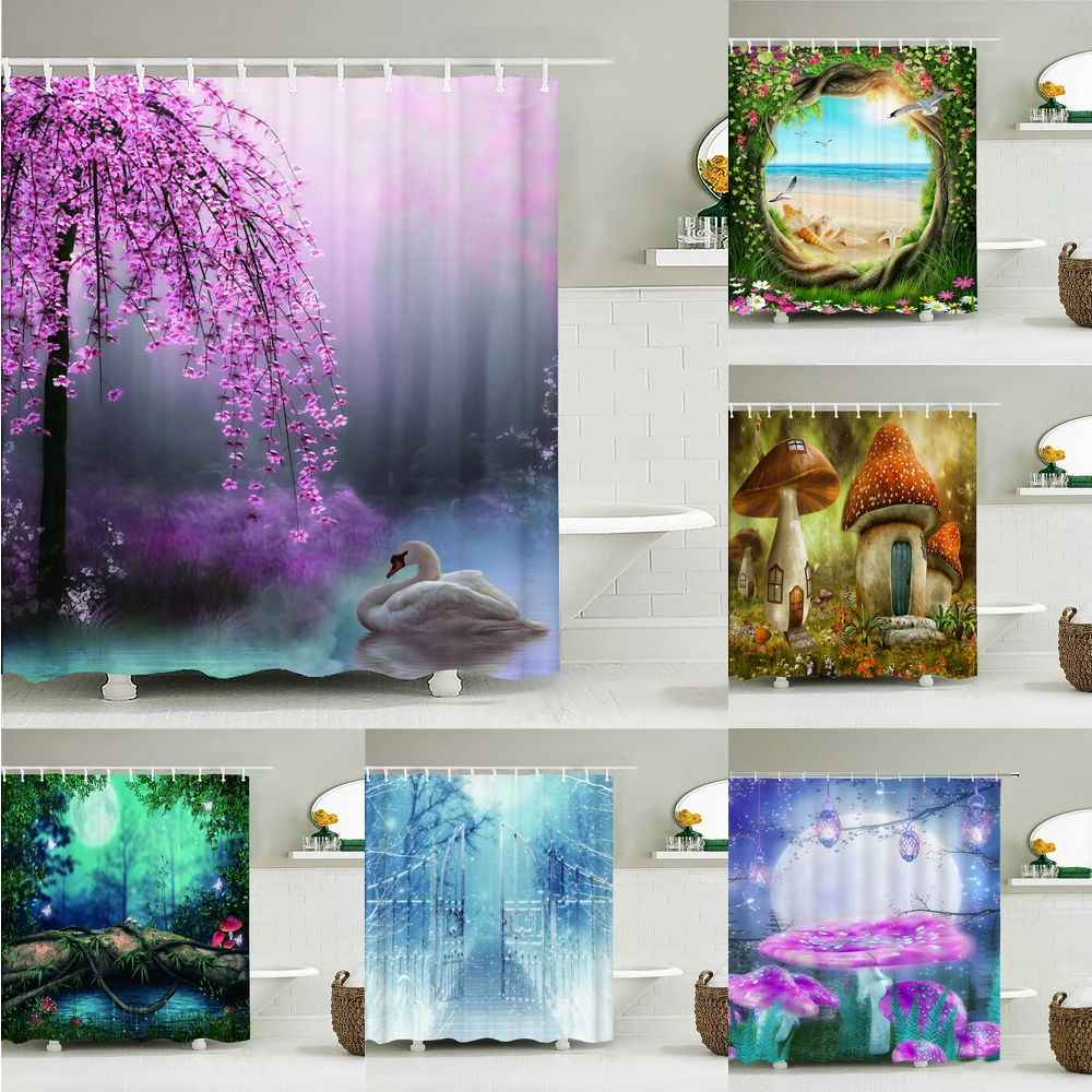 

Fantasy Forest Scenery Shower Curtains Waterproof Polyester Cartoon Dream Flowers Bath Curtain Bathroom Bathtub Decor With Hooks