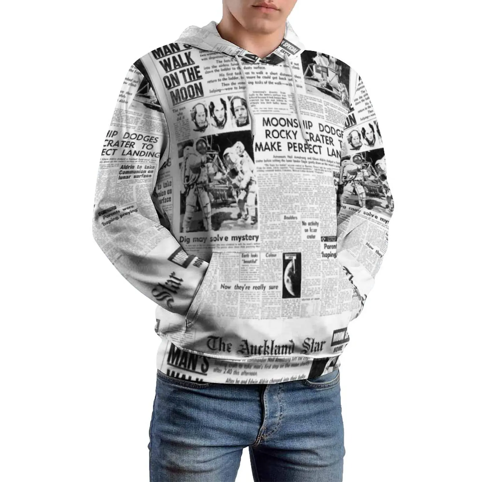 

Newspaper Headlines Loose Hoodies Historic Moon Landing Casual Hoodie Couple Long-Sleeve Y2k Graphic Sweatshirts Big Size