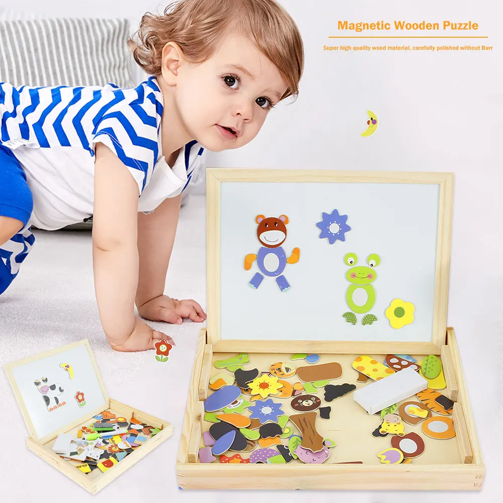 

100+Pcs Wooden Multifunction Children Animal Puzzle Writing Magnetic Drawing Board Blackboard Learning Education Toys For Kids