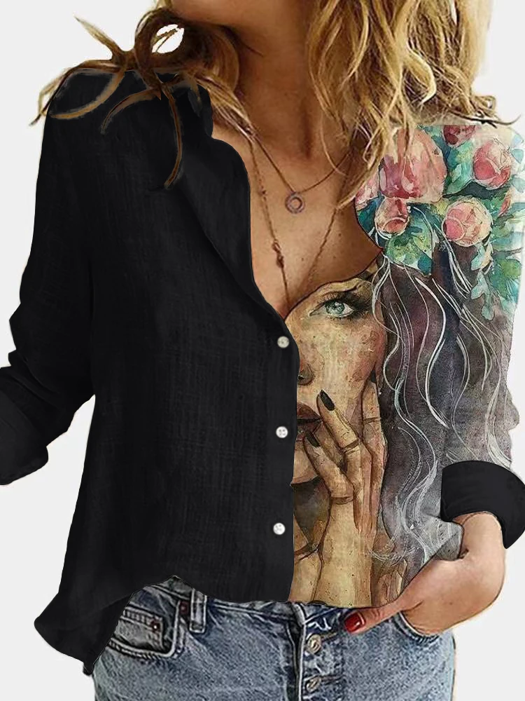 

European and American style autumn new fashion polo collar single breasted black figure print long sleeved shirt shirt shirt shi