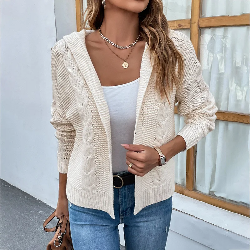 Women Cardigan Coat Type Sweater New Autumn and Winter 2022 Pure Color Hooded Fried Dough Twist Sweater