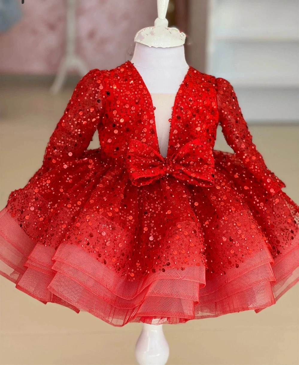 

Luxurious Flower Girl Dress Long Sleeves Silver Bow Tiered Puff Cute Baby Little Girls First Communion Gown Party Dresses