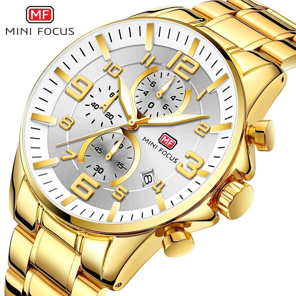 

MINI FOCUS Business Quarz Watch for Mens Top Brand Luxury Chronograph Man Gold Clock Calendar Waterproof Stainless reloj hombre