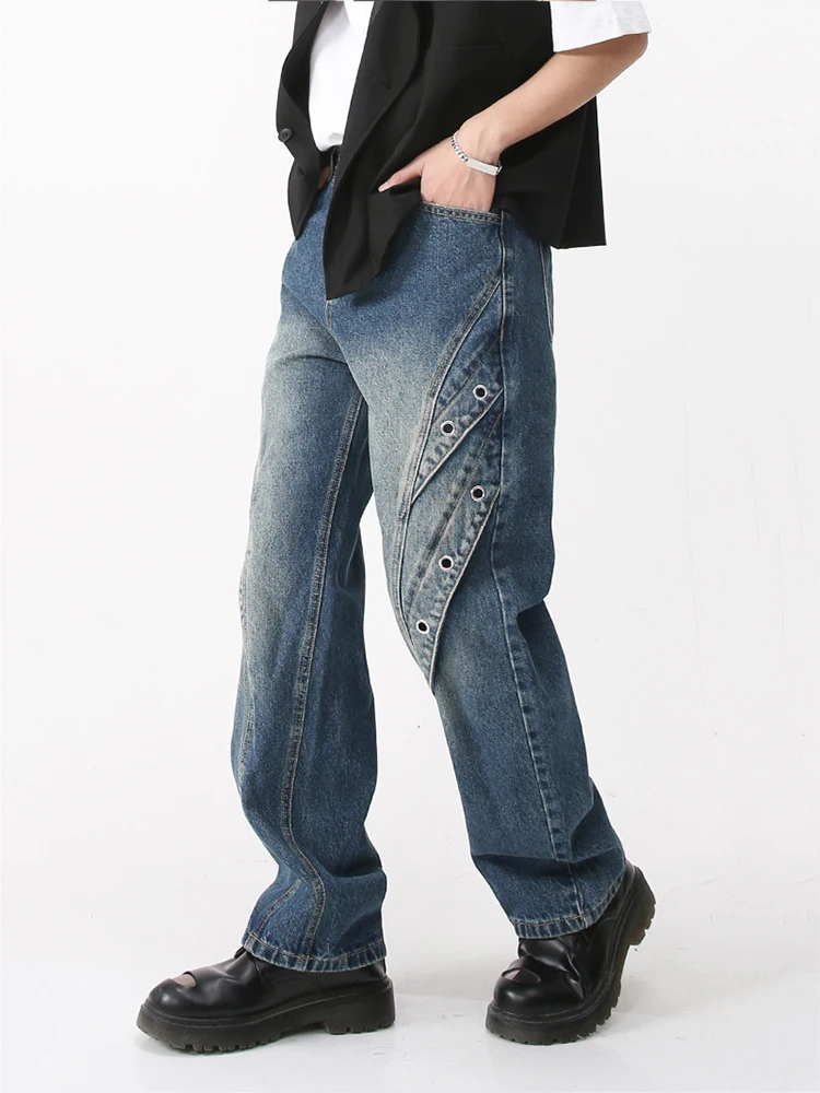 Men's Fashion Wear Patchwork Korean Streetwear Fashion Straight Middle Waist Blue Jeans Casual Denim Trousers Men Pants Denim