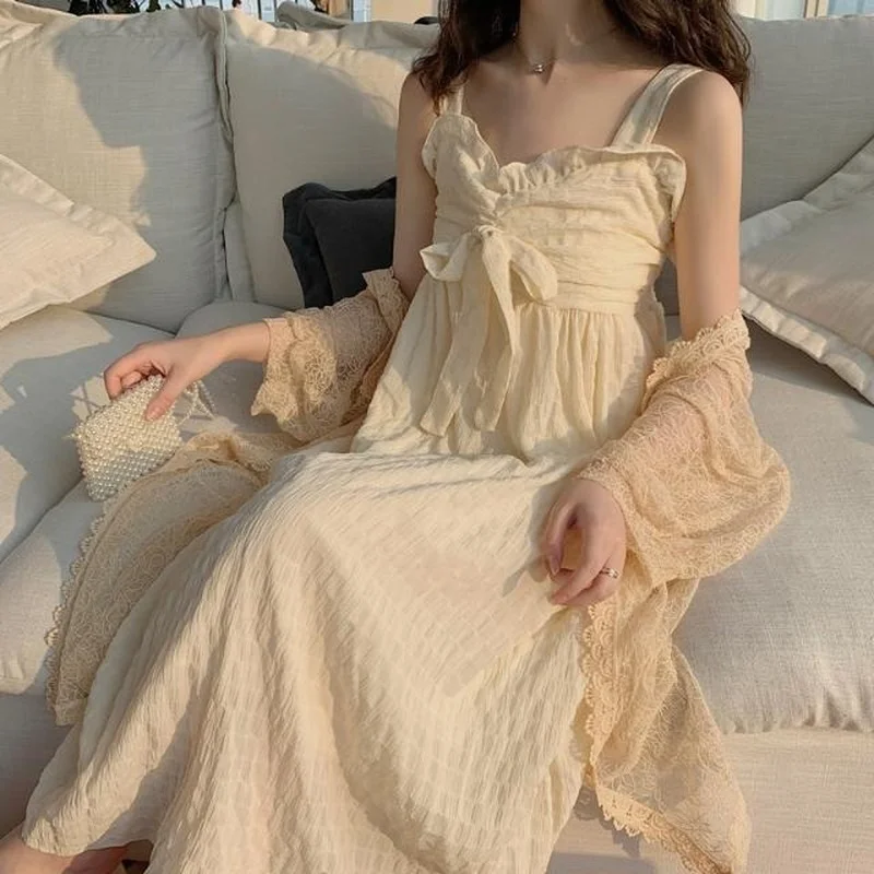 

HOUZHOU Night Gown and Robe Sets for Women Cotton Pleated Bow Nightgowns Nightwear Sleep Dress Spring Autumn Nightie Ruffles