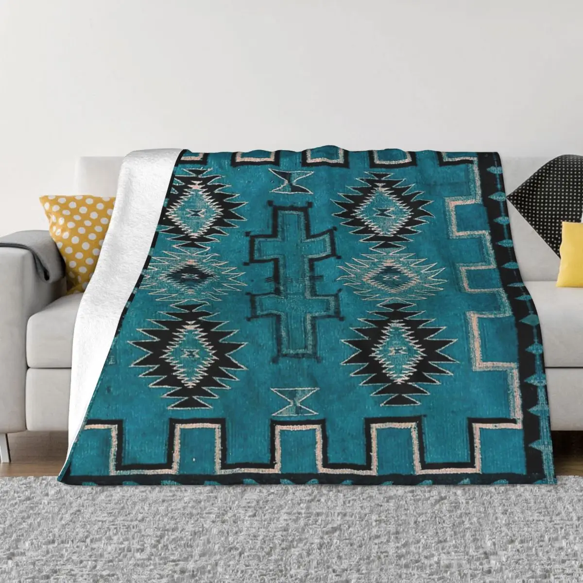 

1890 NAVAJO SADDLE BLANKET One Of The Finest Works Of Art Blanket Flannel Blue-Parallelogram Cozy Soft FLeece Bedspread