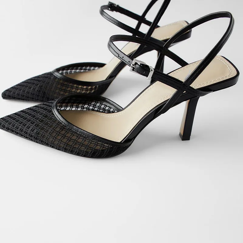 

Fine Heel Sandals Pointed Toe Mesh Slingback Sandalias for Women Party Shoes Elegant Pumps Comfy Zapatillas Mujer