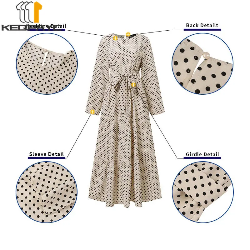 Muslim Women Dubai Abaya Long Dress Kaftan Islam Arab Elegant Dot Print Loose Dresses with Belt Robe Middle East Eid Clothing