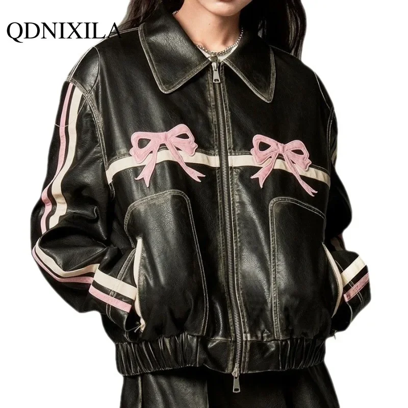 

2023 Autumn New Bow Motorcycle PU Leather Jacket Women Y2k Fashion Zipper Polo-neck Sweet Cool Coat Vintage Street Oversize Top