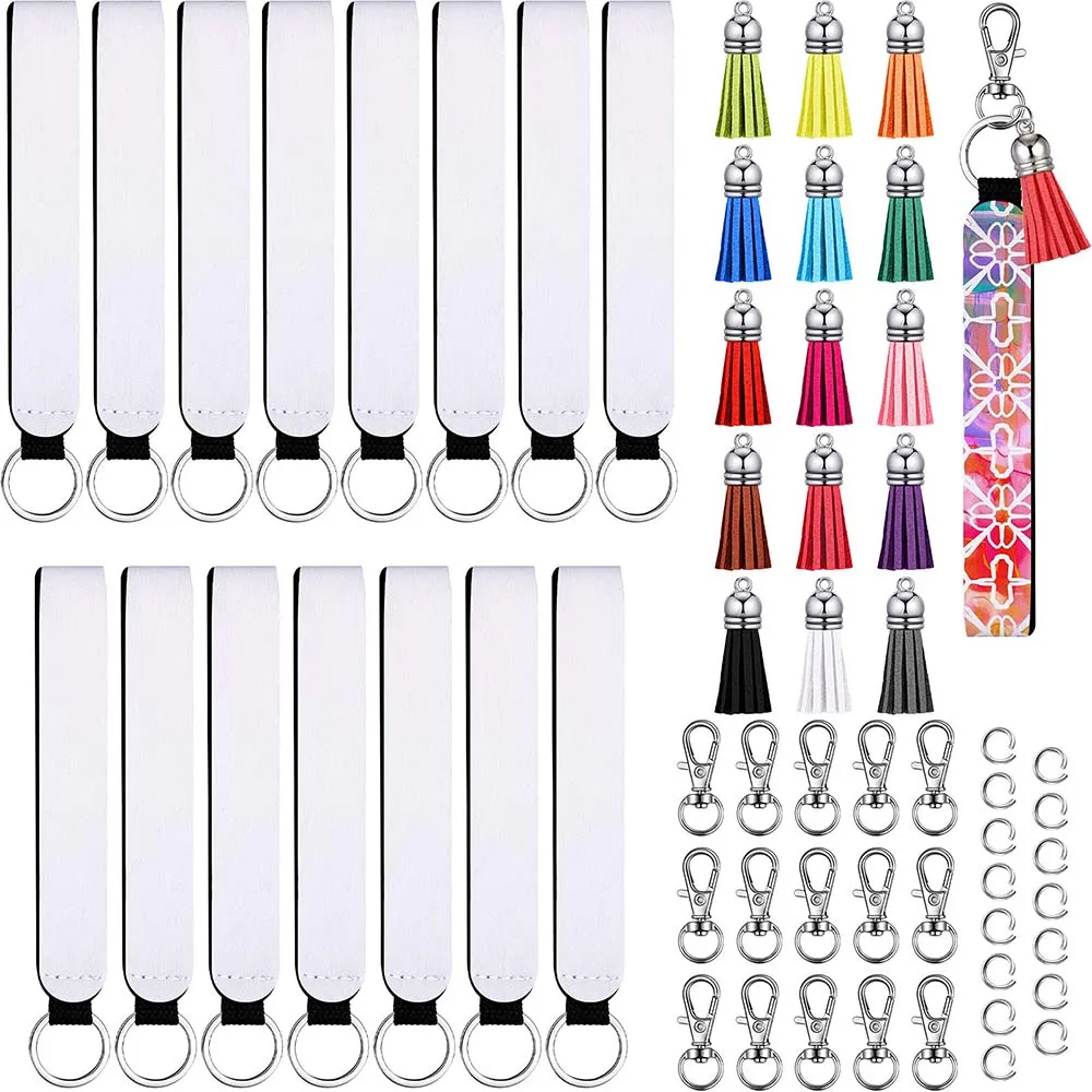 

60pcs Sublimation Blanks Wristlet Set 15pcs Sublimation Blank Wristlet&15pcs Colorful Keychain Tassels For DIY Keychain